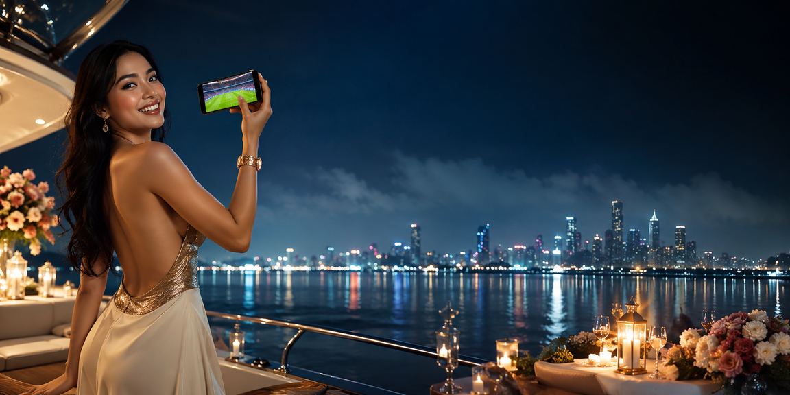 Pemain mengakses platform kasino mobile di tepi pantai dengan suasana santai dan fokus