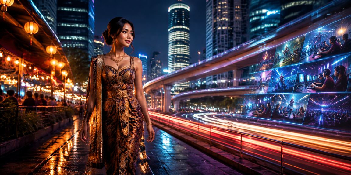 Suasana malam di pasar Vietnam dengan layar esports dan keramaian yang penuh energi