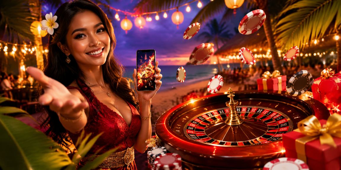 Pemandangan meja roulette di tepi pantai Vietnam dengan suasana cahaya senja