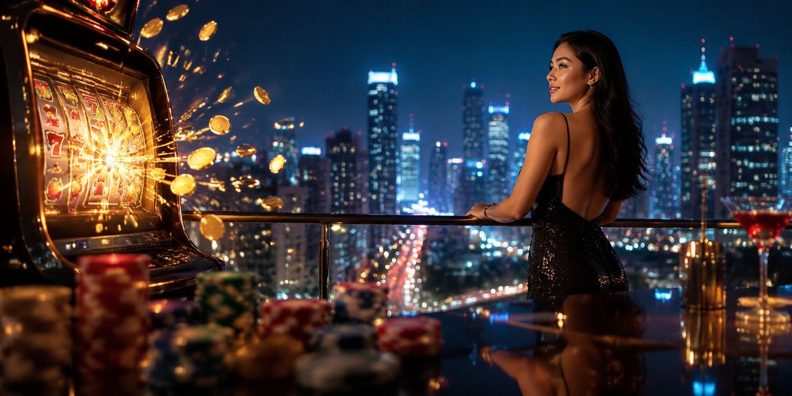 Model Vietnam berinteraksi dengan layar permainan slot yang penuh warna di lingkungan digital modern